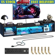 Floating TV Stand W/ RGB LED Lights Wall Mount Storage Organizer Power Outlets