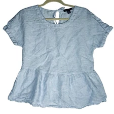 Saks Fifth Avenue Shirt Womens Top XS Light Blue Peplum Ruffle Hem Linen