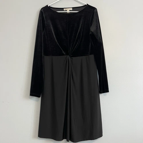 Michael Kors Mini Abito Nero Manica Lunga Maglia Velluto Dettaglio Twist in Vita Tg L