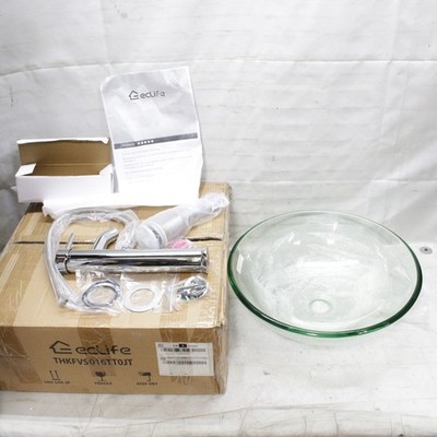 Eclife Tempered Clear Glass Vessel Sink Bowl Chrome Faucet Drain Basin Bathroom