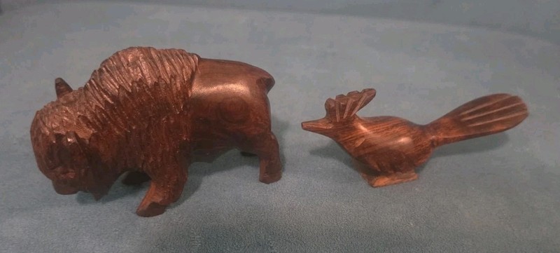American Bison Hand Carved Ironwood Buffalo & Roadrunner