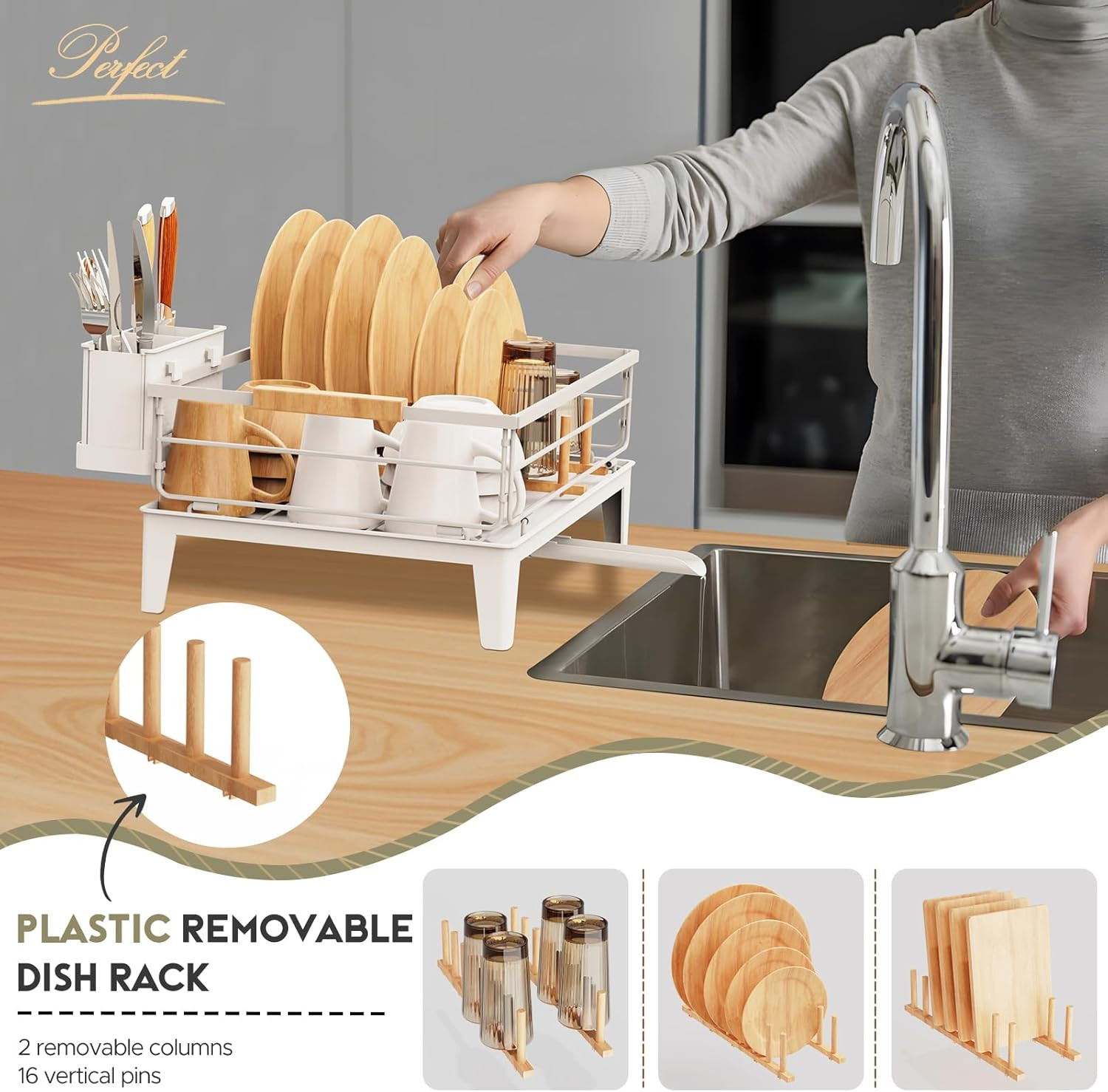 JYPS Dish Drying Rack for Kitchen Counter Decor with Drainboard White 