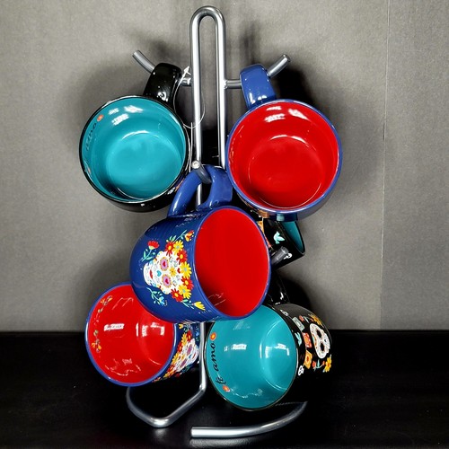 7 pc. Set Ceramic Sugar Skull Day of the Dead Mugs w/ Mug Tree Stand - Picture 3 of 11