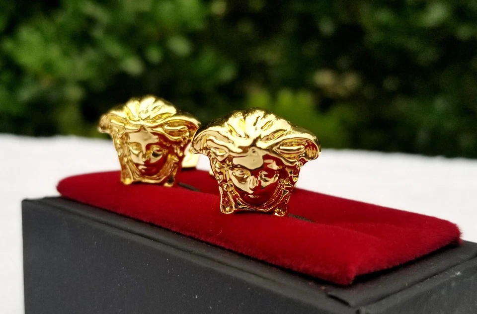 Conjunto de abotoaduras masculinas de luxo Versace cor dourada aço inoxidável - Frete grátis - Imagem 3 de 4