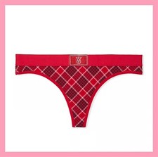 NEW Victoria's Secret SHINE PATCH Logo Cotton Thong Panty Festive Red Plaid S