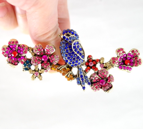 3.5" NWOT DESIGNER STYLE CRYSTAL BLUE BIRD ON CHERRY BLOSSOM BRANCH BROOCH PIN - Picture 3 of 16