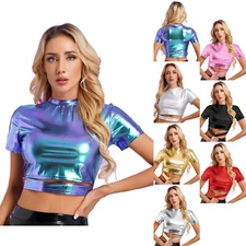 Womens Crop Top Stage T-shirt Party Blouse Dance Tank Clubwear Metallic Disco