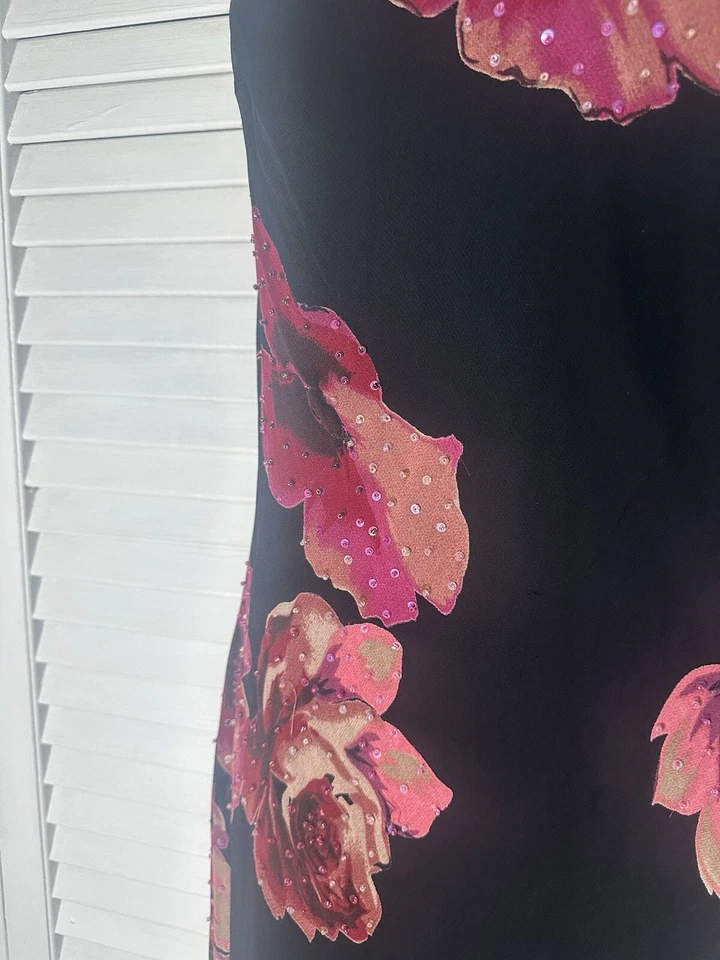 Vestido sin Mangas De Colección Azul Eva Y2K Negro Rosa Floral Con Cuentas Coqueta Volantes Corte Sesgado M Foto 3 de 4