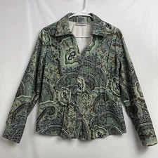 Rebecca Malone Corduory Shirt Womens Petite M Green Shacket Paisley Button Up