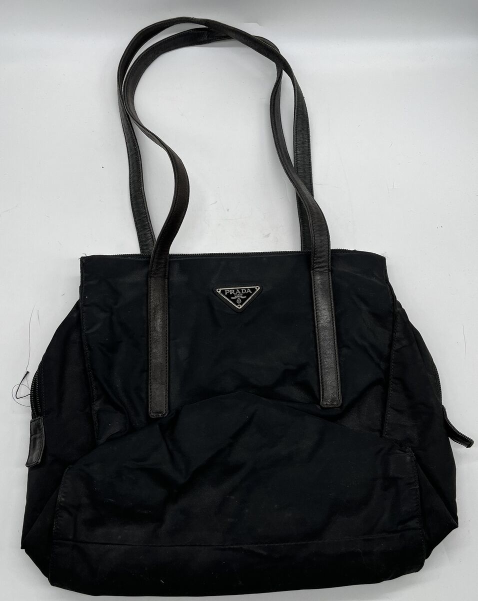 Prada Vintage Black Nylon Shoulder Bag Logo on Front Leather Prada Vintage Black Nylon Shoulder Bag Logo on Front Leather