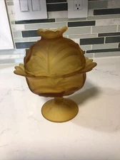 Vintage  Satin Amber Glass Cabbage Leaf Covered Candy Dish With Lid