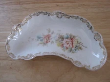 Antique Bone Dish Crescent Shaped with Pink Roses & Gold Trim
