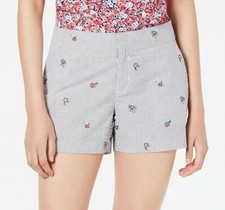 Maison Jules Women 4 Blue Seersucker Stripe Floral Pocket Refined Zip Shorts NWT