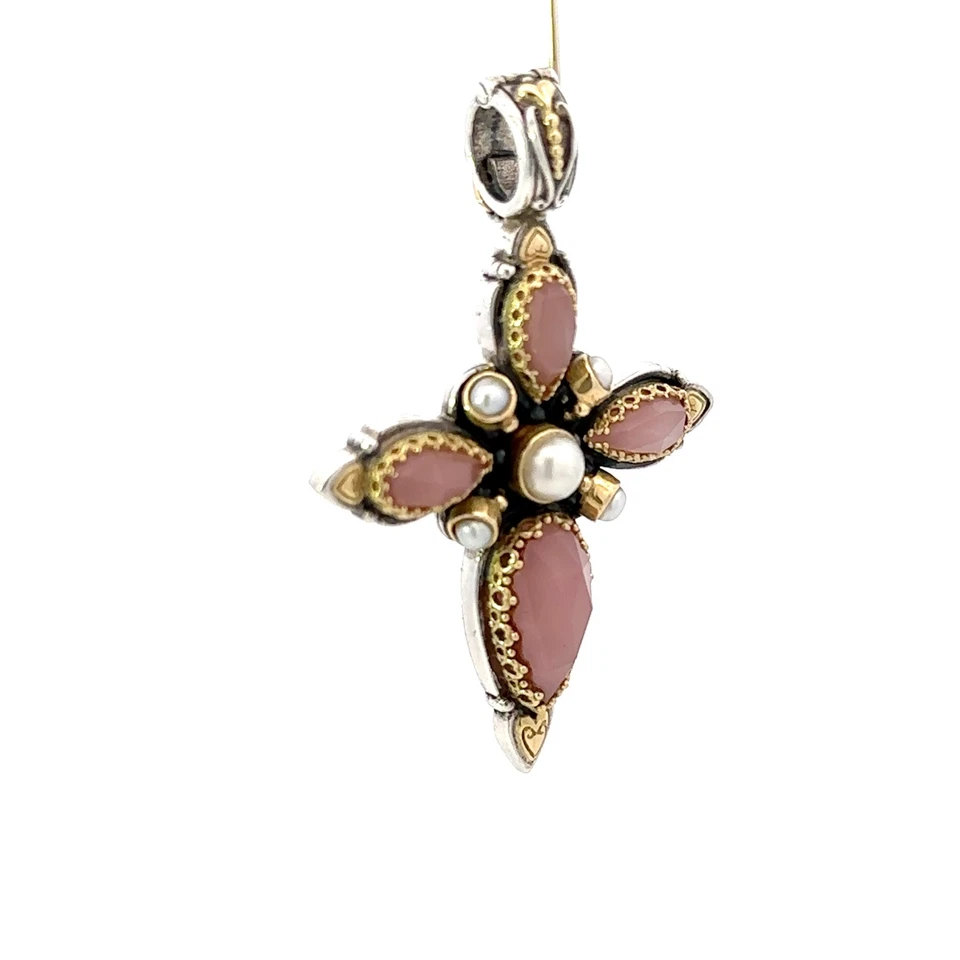 Colgante Cruz Konstantino Perla Calcedonia Rosa Plata 925 Oro Amarillo 18k Foto 2 de 4