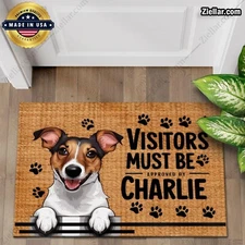 Personalized Jack Russell Doormat, "Visitors Must Be Approved by Dog" Design