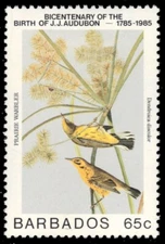 BARBADOS 666 - "Prairie Warbler" by John James Audubon (pb79267)