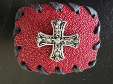 Red Pave Black Leather Stitch Crystal Cross Belt Buckle