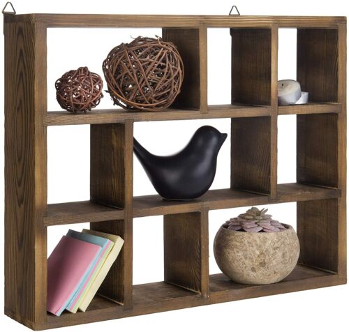 MyGift 9-Compartment Brown Wood Freestanding/Wall Mountable Shadow Box Shelf - Afbeelding 1 van 6