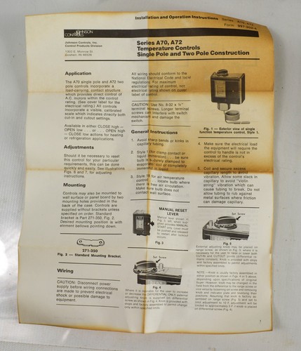 JOHNOS CONTOLS Penn A72AA-6 "Opens on Drop" 15/55 7/8 Temperature Control - Picture 12 of 13