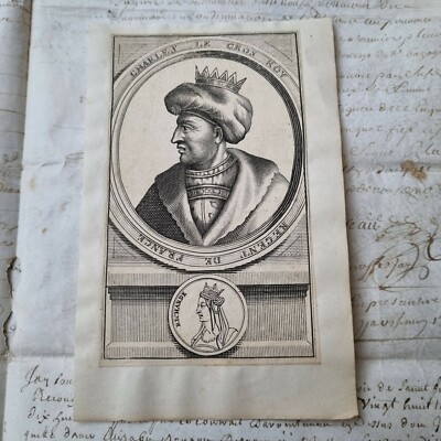 Gravur XVIIè Portrait Charles Le Gros Roi de France Radierung 17thC