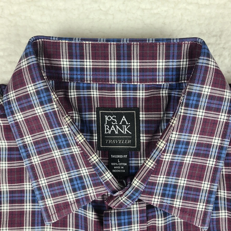 Jos A Bank Shirt Mens Large Blue Purple Plaid Traveler Tailored Fit Button Up - Image 4 of 4