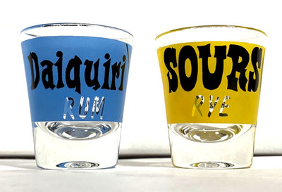 Shot Glass Sours Rye Daiquiri Rum Recipe 1960 s Vtg pair Barwear mid-century