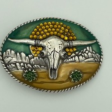Texas Longhorn Steer Head Skull Desert Cowgirl Belt Buckle Enamel Rhinestone USA