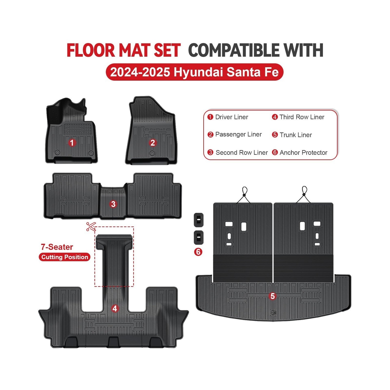 Floor Mats for 2024 2025 2026 Hyundai Santa Fe 6-Seat/7-Seat (Fit Hybrid and ...