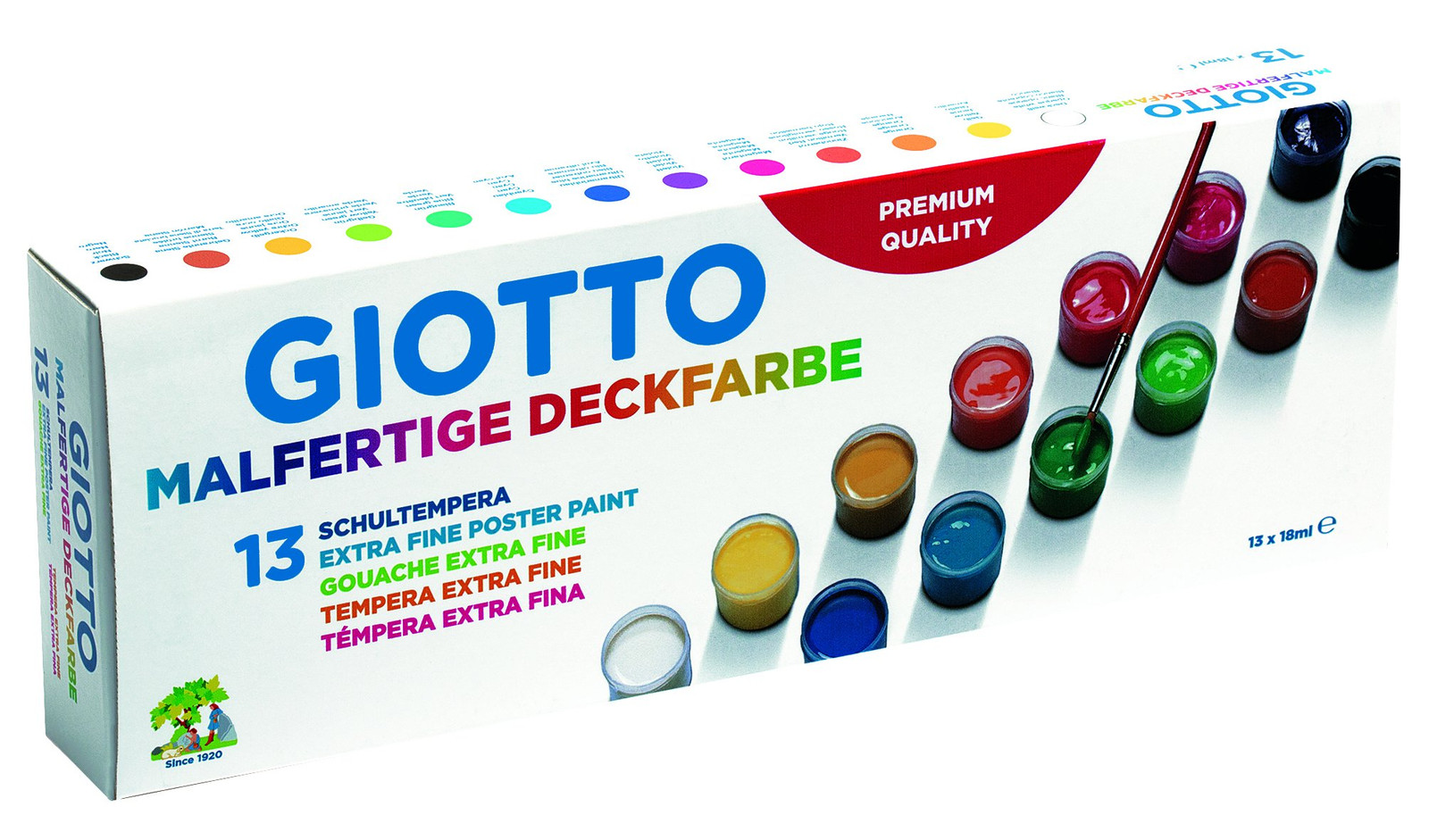 GIOTTO Extra Fine Poster Paint Set for Kids, 13 x 18ml Pots of Assorted Colours,