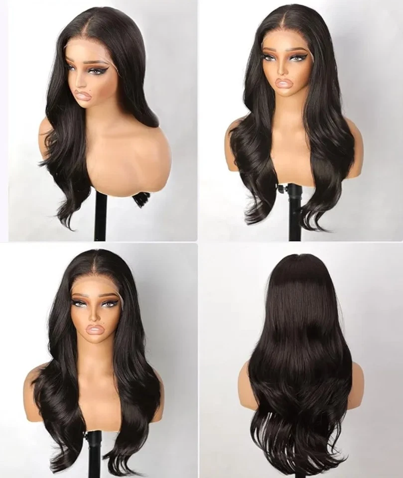 Peluca frontal de encaje HD mezcla cabello humano reflejos ondulado recto marrón oscuro Foto 2 de 4