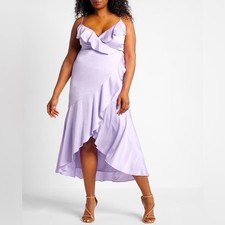 Express Lavender Satin Ruffle Hi-Low Fit & Flare V-Neck Sleeveless Zip Dress XL