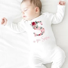 Personalised Pink Rose Floral Initial Babygrow/Vest