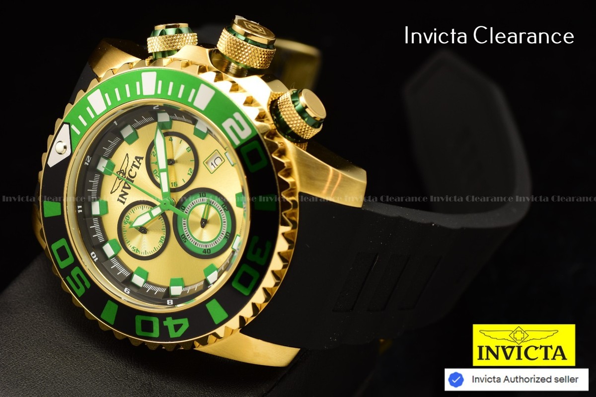 Invicta Mens Sea Hunter LUMINOUS GREEN BEZEL Gold Dial Chronograph