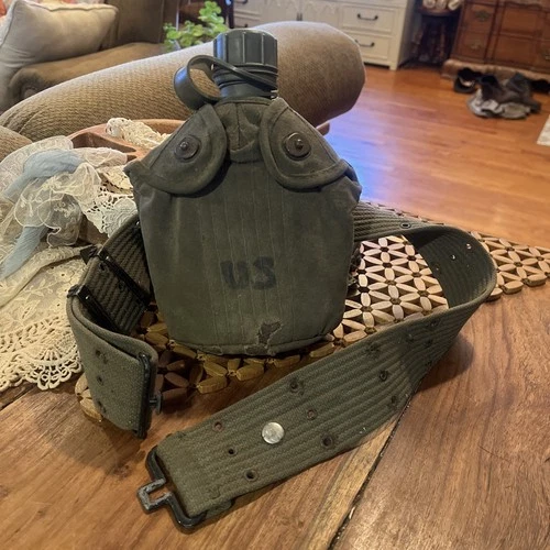 WW2 US army canteen 1940s 1950s green case and pistol combat belt Military