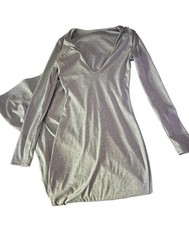 Womens Grey Heather Long Sleeve Deep V-Neck Maxi Dress S/M