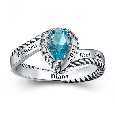 Women 925 Silver Custom Class Ring 2026 Pear Blue Stone Collage Graduation Ring