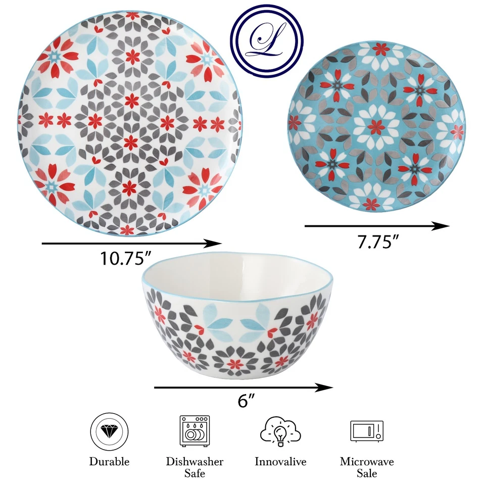 Juego de vajilla Lorren Home Trends floral de porcelana de hueso, 12 piezas azul rojo gris Foto 2 de 4