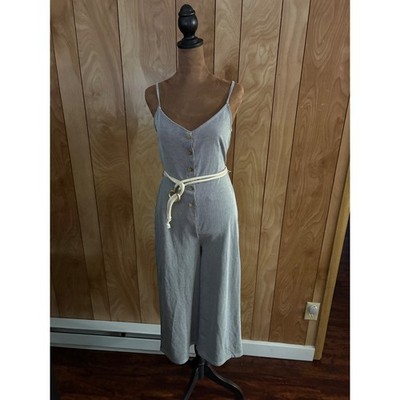 Primark Womens Pinstripe Wide Leg Jumpsuit Black White Rope Belt Size 4 NEW