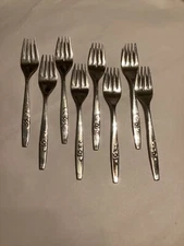 Set of Eight (8) ONEIDA OUR ROSE SSS Stainless Steel Salad Forks. 6 1/4”