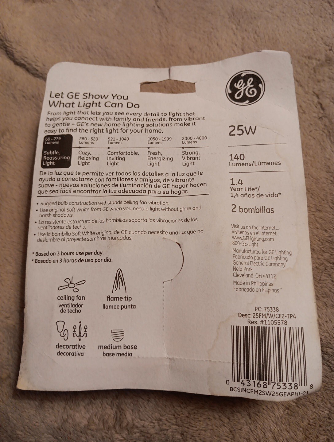 2 GE White Standard Base Flame Swirl Bulbs
