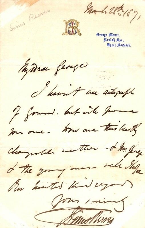 *SIMS REEVES GREAT ENGLISH TENOR 1871 AUTOGRAPH LETTER MENTIONS CHARLES GOUNOD*