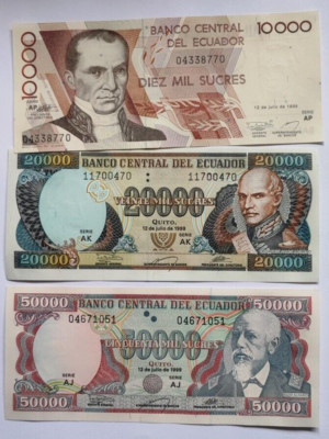 Ecuador 3-teiliges SET 10000 20000 50000 Zucker 1999, UNC, P-128, 129, 130