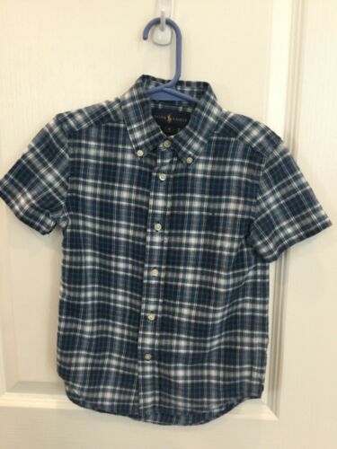 Ralph Lauren Polo Boys Shirt Size 4 Blue Shades Plaid Short Sleeve Button Up 196
