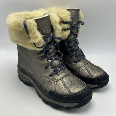 #ad Clarks Boots Womans 7 Snow Faux Fur Cuffed Leather Pewter Lace Up Cozy Warm Read $23.99