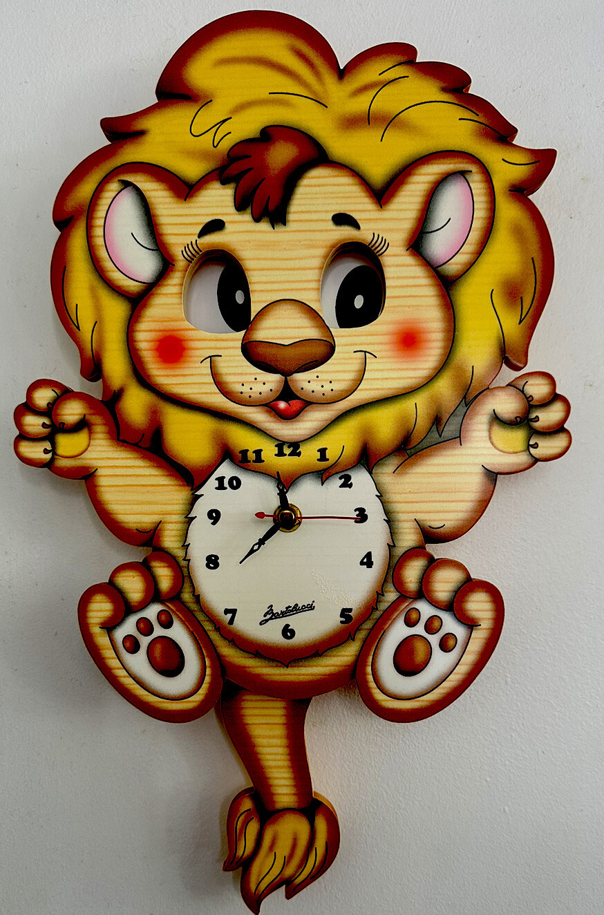 Wooden BARTOLUCCI ‘Lion Clock With Pendulum & Moving Eyes’ NEW Hand Finished