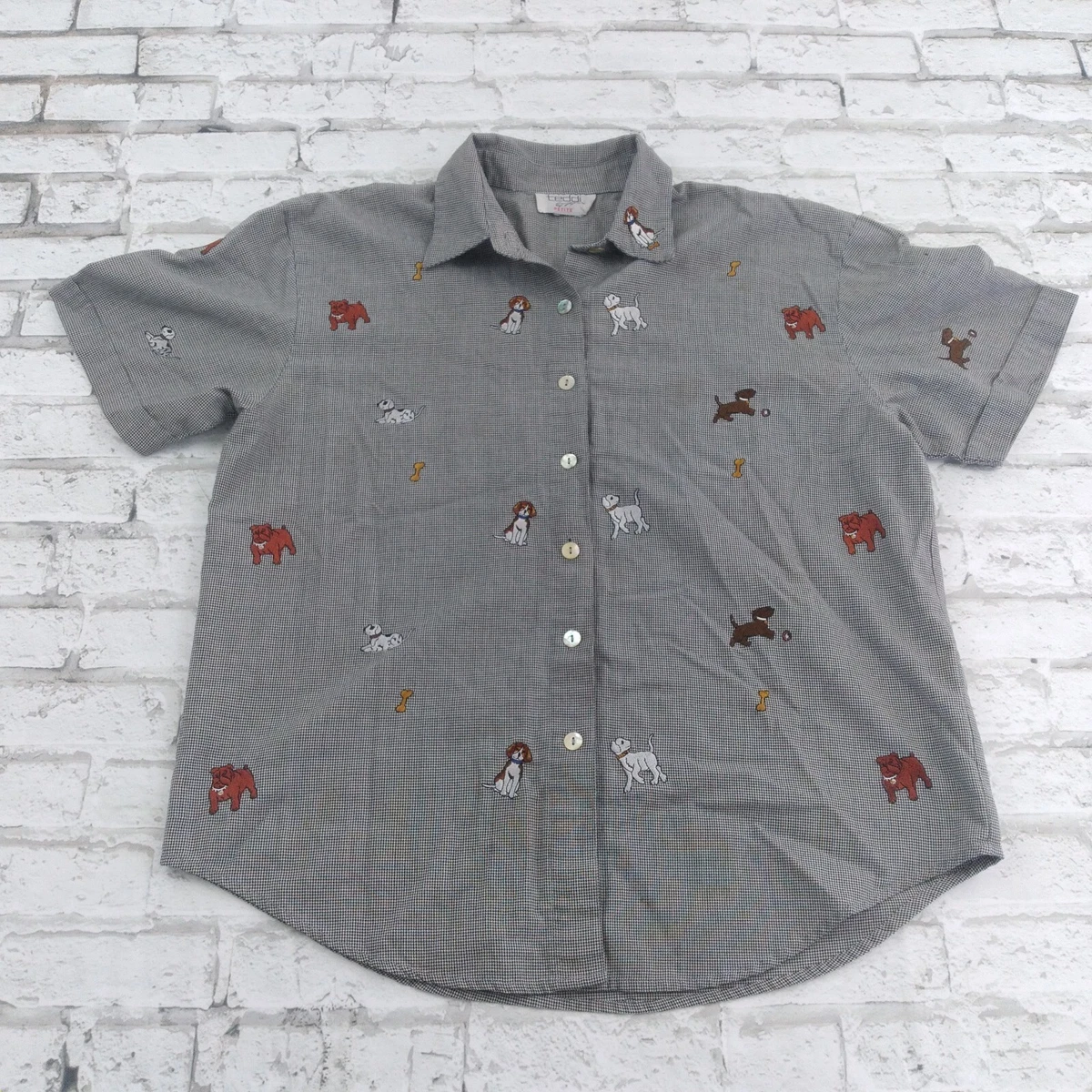 Teddi Button Up Shirt Womens Petite Medium Houndstooth Embroidered Dogs |  eBay