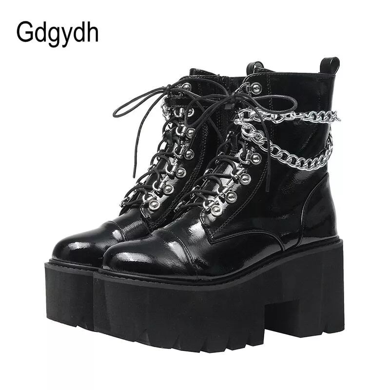 Botas De Tacón Grueso Para Mujeres Zapatos Altas Plataforma Gótico Negro Cadena eBay