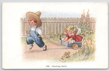 Greetings~Coaching Party~Boy Pulling Wagon W/ Girl In Fenced Area~Vintage PC