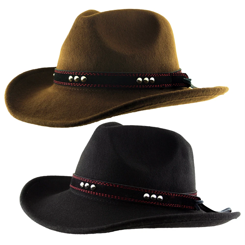 Laine Ouest Cow-Boy Feutre Fedora Simili Cuir Clou Bande Chapeau Doublé - Photo 1/1