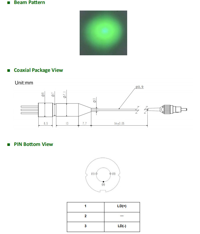 LASER TREE 65mW 520nm MultiMode Fiber Coupled Laser Diode ,Core Diamete 9μm